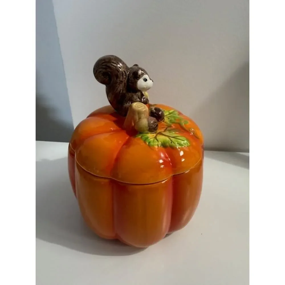 Pumpkin Cookie Jar Canister Squirrel Fall Harvest Autumn Holiday Ceramic
